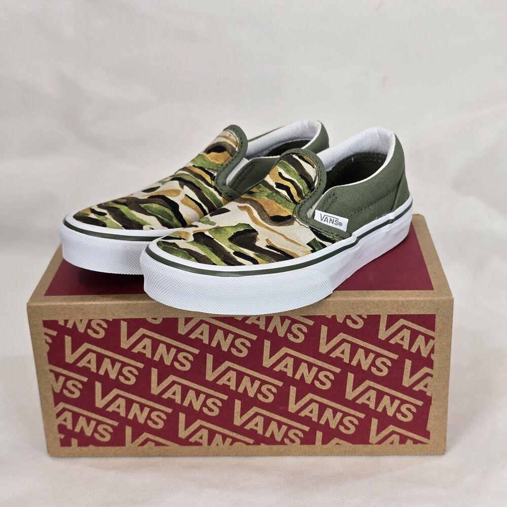 Vans Classic Slip-On Shoes Youth Size 12 Painted Camo Green Multi Kids